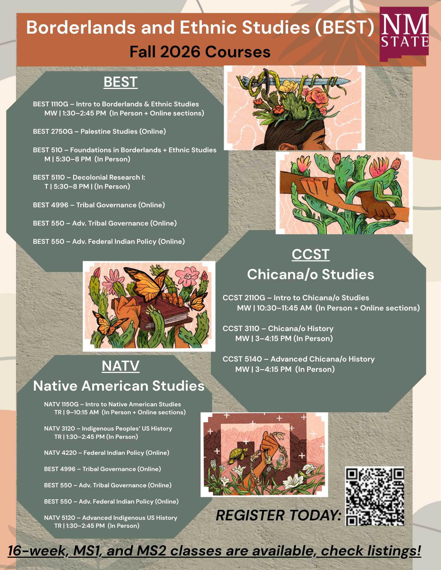 Flyer for New Mexico State University listing Fall 2026 courses in Borderlands and Ethnic Studies (BEST), Chicana/o Studies (CCST), and Native American Studies (NATV), with a “Register Today” QR code.